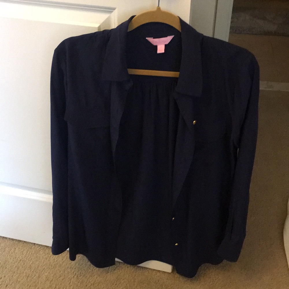 100% silk Lilly Pulitzer navy blue button down